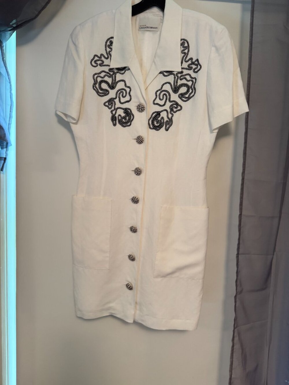 Vintage Dana Buchman Linen Dress Size 12 White Black Embroidered